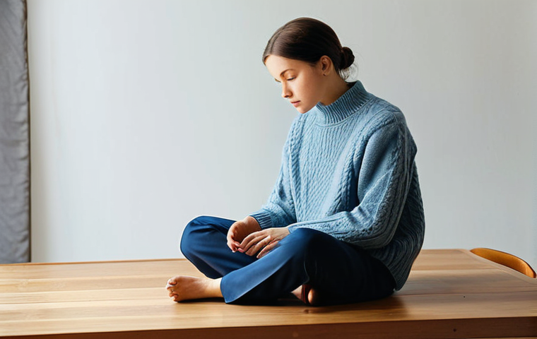A young adult, fully clothed in a modest, contemporary sweater and trousers, sitting reflectively at a simple wooden table in a well-lit, minimalist room. Their gaze is slightly distant, conveying a moment of quiet introspection and vulnerability. The setting is clean and uncluttered, suggesting a peaceful but perhaps somewhat lonely atmosphere. The overall mood is calm and contemplative. perfect anatomy, correct proportions, natural pose, well-formed hands, proper finger count, natural body proportions, high-quality professional photography, appropriate attire, safe for work, appropriate content, family-friendly.