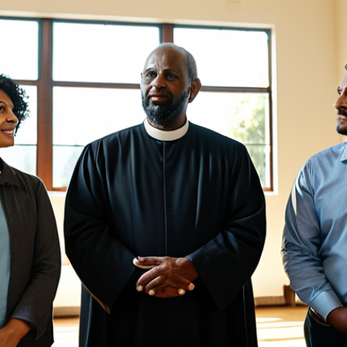 Home 6 Balancing Religious Freedom and Social Values**
"A diverse group of people engaged in respectful dialogue, some wearing religious attire, in a sunlit community center, depicting the concept of balancing individual religious freedom with societal values, appropriate content, fully clothed, professional, perfect anatomy, correct proportions, well-formed hands, safe for work, family-friendly."
**